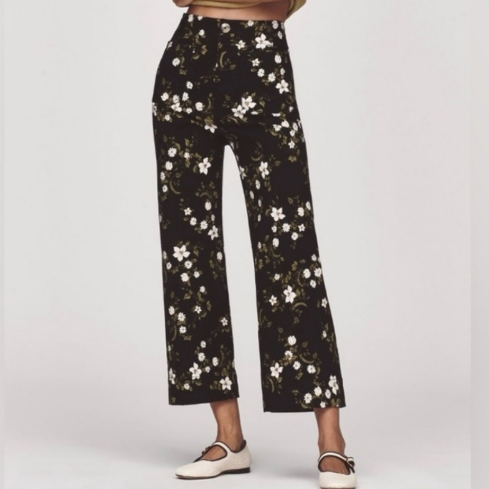 Maeve Black Floral Wide-Leg Cropped Pants